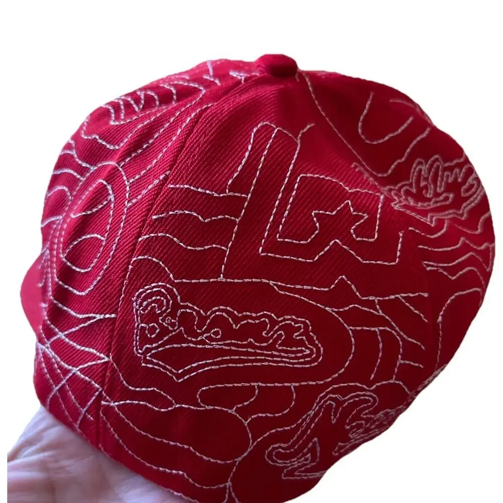 Y2K NY Red Hat White Stick Look Flat Bill New York Artsy 7 1/4 Retro RARE 90s
